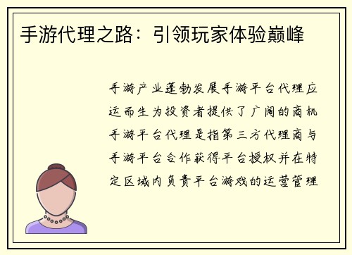 手游代理之路：引领玩家体验巅峰